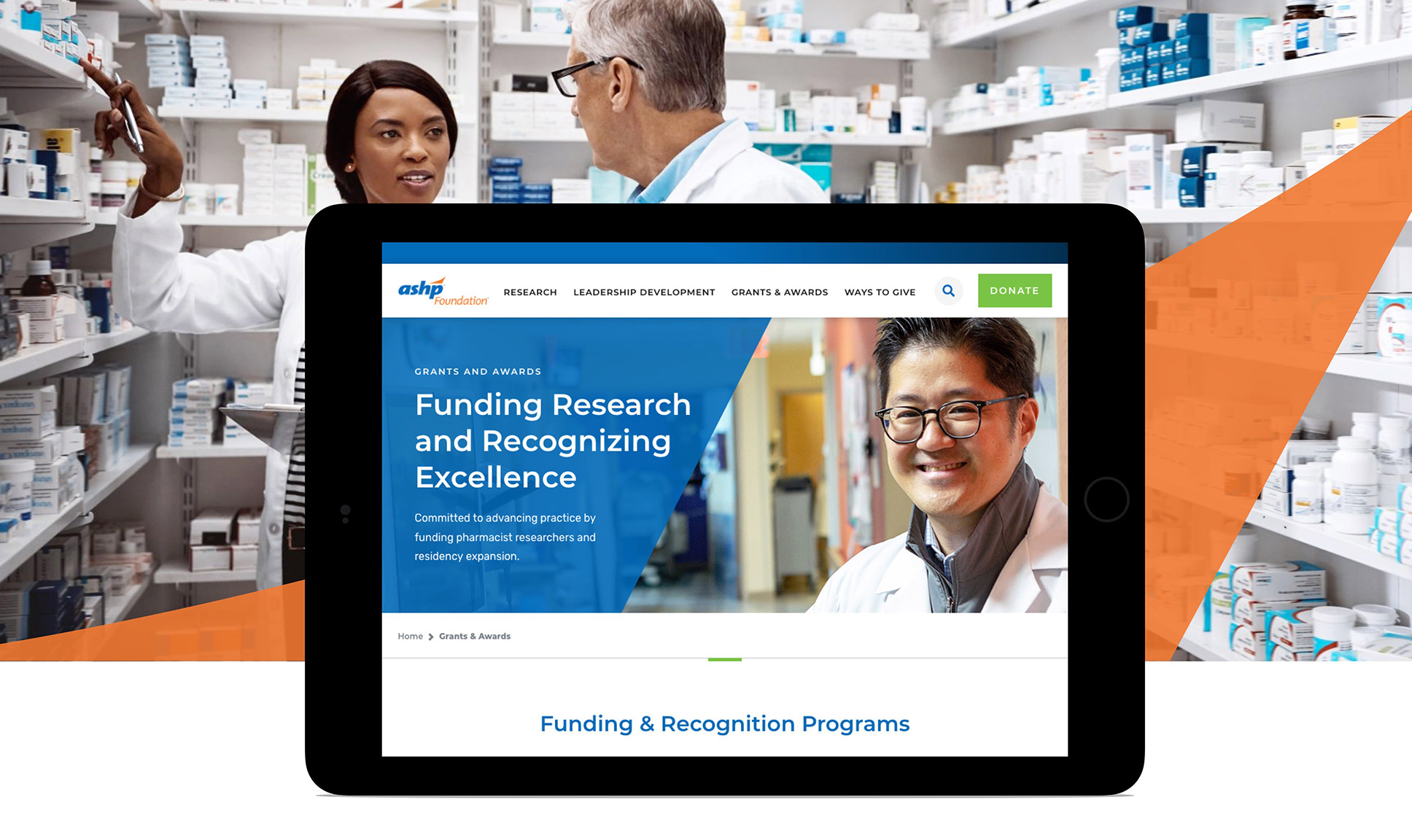 ASHP Foundation site on tablet and pharmacists in the background