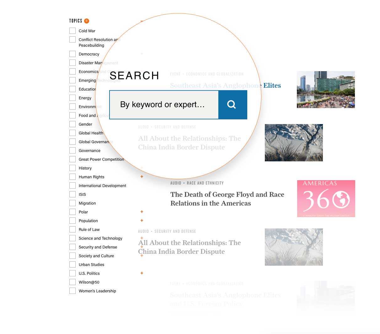 Faceted search UI on Wilson Center Website